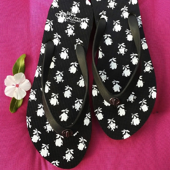 Coach Shoes - Coach Flip Flops Black White Roses